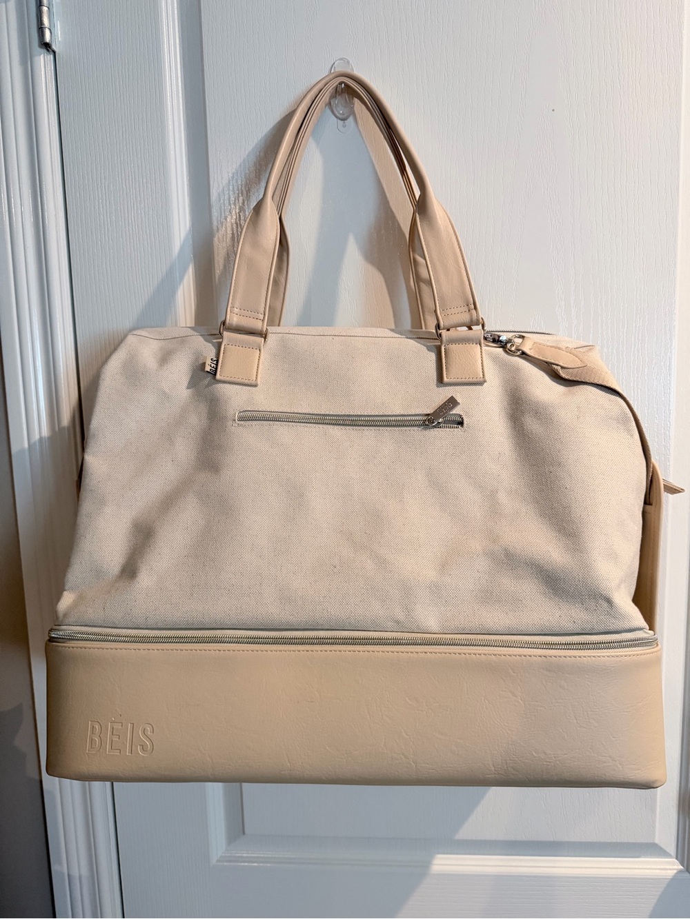 BEIS Cream Canvas Travel Bag with Bottom Compartment